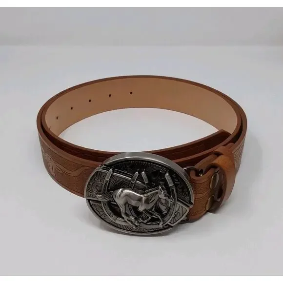 Western Leather Belt Horse Buckle Brown Tooled Cowboy - Picture 1 of 4